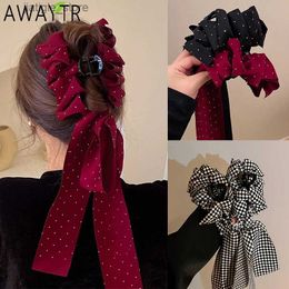 Hair Clips AWAYTR Design Ruched Ribbon Bow Hair Claw Crab Clips Headband Womens Hair Accessories Dot/Plaid Print Hairpin Clamp Barrettes Y240329