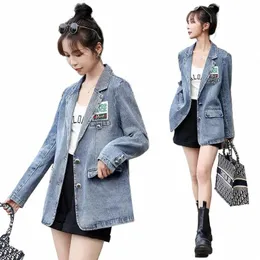 2024 New Vintage Hg Kg Style Denim Jeans Spring Autumn Women Fi Denim Blazer Suit Coat Korean Slim Blazers Outwear tops F1mz#