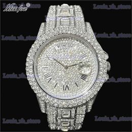 Other Watches MISSFOX Luxury Quartz es Mens Automatic Date Week AAA Clocks Hip Hop Iced Diamond Waterproof Wrist Mans Rolej Hombre T240329