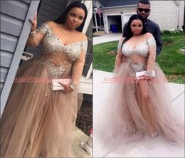 Bling Bling Deep VNeck Crystal Evening Dresses Beads Illusion Plus Size Vestidos De Festa Party Dress Prom Formal Pageant Celebri9433393