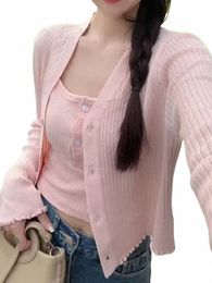sweet Pink Knitted Sweater Cardigan Woman Autumn V-Neck Lg Flare Sleeve Slim Jumper Top Casual Cute Preppy Style Sweaters Coat U3I4#
