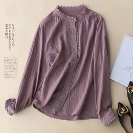 Women's Blouses Cotton Lace Stitching Long-sleeved Shirt Spring And Autumn Korean Style Loose Plus Size Elegant Age-reducing Casual