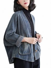 nyfs 2024 Spring Autumn New Vintage V-neck Woman Coat Loose Plus Size Casual Lg Sleeve Denim Jacket O7bU#