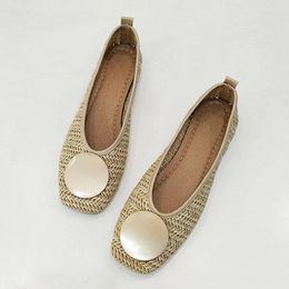 Casual Shoes 2024 Summer Metal Decoration Shallow Loafers Women Weave Ballet Flats Square Toe Boat Slip On Moccasin Walk