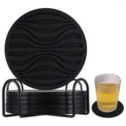 Table Mats 6PCS/Set Silicone Drinking Coasters With Metal Holder Stand Non-Slip Drink Coffee Cup Round Mat Jar Gripper Pads Tableware