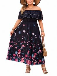 gibsie Plus Size Floral Print Off Shoulder Ruffle Dr Fi Women Vacati Beach A-line Summer Lg Dres Without Belt D77I#