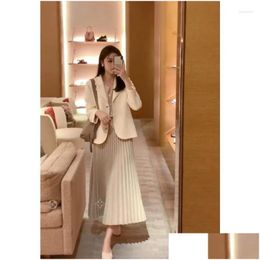 Two Piece Dress Womens Autumn Fragrant Short Blazer Coat Pleated Half Skirt Set Vintage Casual Solid Colour Suit Drop Delivery Apparel Otkpy