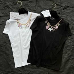 Designer Women's T-Shirt Collar Detachable Chain Pendant Decoration Fashionable Elegant Summer Women's Cotton Slim Fit Short Sleeve Tops