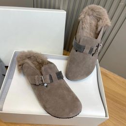 Casual Shoes B/C High Quaity Women's Mules Slippers Winter Keep Warm Fleece Lining Cow Suede Buckle Strap Decoration