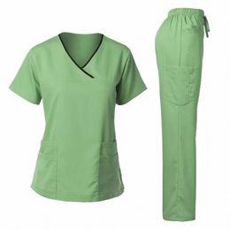 medical Uniform Trendy Women's Scrub Set Stretch Soft Y-Neck Top Pants Hospital Pet Clinic Doctor Costume Ctrasting Colors p3Bf#