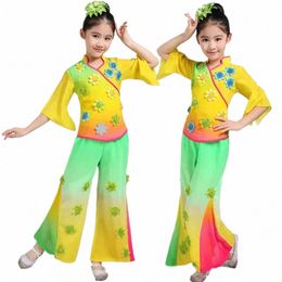 new Children's Yangko Costumes Folk Dance Costumes Classical Fan Dance for Girls Yellow Natial Dance Costume 714Y#
