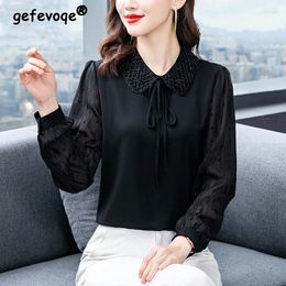 Women's Blouses Women Bow Lace Up Beaded Chic Elegant Blouse Office Lady Fashion Black Chiffon Shirts Long Sleeve Tops 2024 Spring Summer