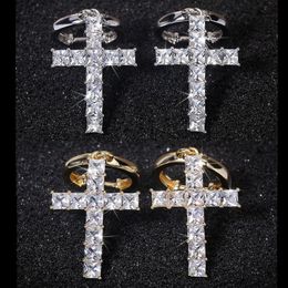 High Quality Gold Plated Bling Square CZ Cross Earrings Hoops for Men Women Nice Gift for Friend228a