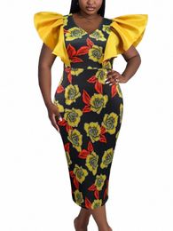 floral Printed Dr Women 2023 V Neck Yellow Patchwork Flare Sleeve Robe Empire Bodyc Cocktail Party Prom Gowns Plus Size e4iG#