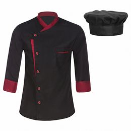 men Chef Shirt Lg Sleeve Cosplay Jacket Kitchen Restaurant Hotel Work Coat with Hat Unisex Ctrast Colour Food Cooking Uniform f4nz#