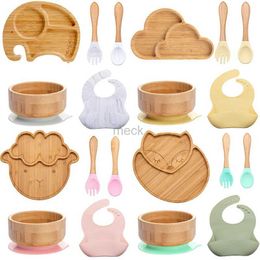 Cups Dishes Utensils 5pcs Wood Tableware Suction Plate Bowl Baby Feeding Spoon Fork for Kids Tableware Bamboo Dishes Bib Feeding Tableware Sets 240329