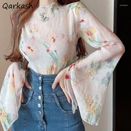 Women's Blouses Women Blouse Floral Pleated Flare Sleeve Vintage Elegant Gentle Stylish Sexy Design Shirt All-match Chic Spring Chiffon Tops