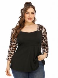 plus Size Casual Leopard T-shirt Women Square Neck Quarters Sleeve Butt Back Spring Autumn Knit Elegant Peplum Top Tee 6XL 7XL z8gI#