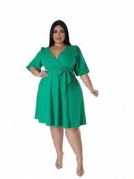 plus Size V-neck Belted Solid Colour Dr Women Spring Summer A-line Split Holiday Sexy Vestidos Wholesale DropShip 83MY#