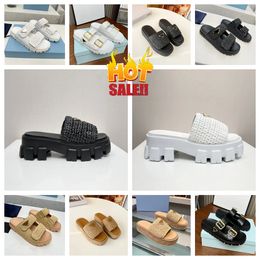 2024 New Luxury Designer Sandal Woman Crochet Slides Black Platform Wedges Straw Flatform Slipper Summer Flat Comfort Mule Beach Pool Two Straps