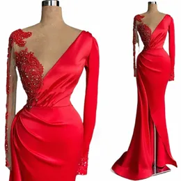 2024 Sexy Prom Dres Red Lace Appliques Crystal Beads Jewel Neck Illusi Lg Sleeves Satin Side Split Evening Party Gowns L8ov#