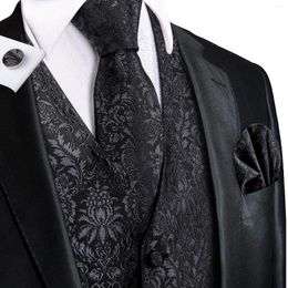 Men's Vests Hi-Tie 4PCS Black Floral Silk Mens Suit Woven Waistcoat Tie Pocket Square Cufflinks Business Wedding Dress Waist Jacket