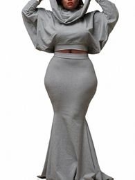 lw 2023 Women Autumn&Winter Casual Office Lady Plus Size Batwing Lg Sleeve Trumpet High Waist Grey Two Pieces Skirt Sets U3hm#