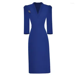 Casual Dresses 2024 Fashion Runway Spring Women V-neck Collar 3/4 Sleeve Beading Slim Lady Office Blue Split