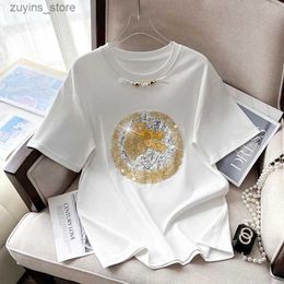 Women's T-Shirt Womens T-shirt 2024 Summer New Harajuku T-shirt with beaded Fashion Hot Drill Tees Round Neck Loose Short-Sleeved Cotton Tops24329