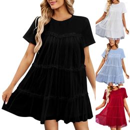 Casual Dresses Elegant Mesh Patchwork Party Dress For Women Summer Beach Sundress Loose Short Sleeve Soild Layer Ruffle A Line