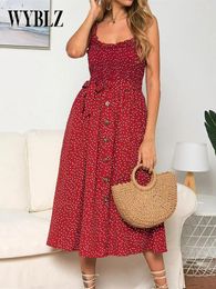 Casual Dresses Summer Maxi For Women Ruffle Edge Polka Dot Printed Camisole Dress Button Design Long With Belt