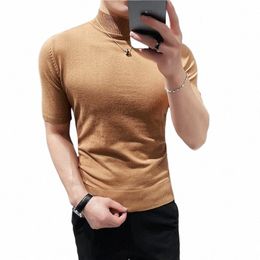 8 Colors Autumn Winter Solid Color Half Turtleneck Sweater Pullover Men's Slim Fit Busin Casual Knitted Short-sleeved Tee Top p6gd#