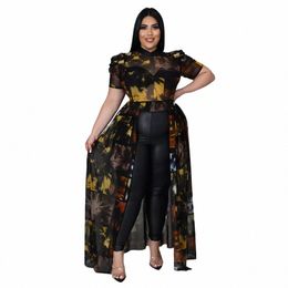 plus Size Sheer Elegant Dr Female Puff Sleeve Crop Top Luxury Dinner Evening Lg Robe Women Mesh Print Pretty Party Dr 48yH#