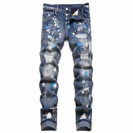 men Painted Ripped Jeans Streetwear Holes Distred Stretch Denim Pants Butt Fly Slim Tapered Trousers X4to#