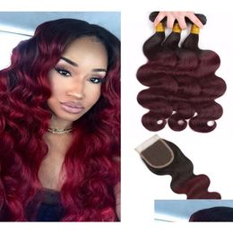 Human Hair Wefts With Closure 8A Ombre Brazilian Body Wave Bundles T1B99J Red Two Tone Virgin Weaves Extensions Double Weft 4Pcs Drop Dhtao