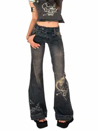 rockmore Y2K Low Rise Flare Jeans for Woman Streetwear Aesthetic Print Jean Pants Vintage Wed Denim Trouser Grunge Fairycore 86d7#
