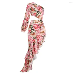 Casual Dresses Pink Flowers Color Women Sexy One Shoulder Bodycon Long Dress Summer Vacation Beach Party Celebrate Wholesale