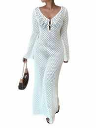 tossy White Knit Fi Cover up Maxi Dr Female See-Through V-Neck Hollow Out Beach Holiday Dr Knitwear Backl Dr Y6BL#