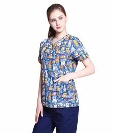 2023 Summer Women's Fitted Scrubs Short Sleeve Dental Clinic Pet Shop Print Uniform Doctor Working Top Wear Clothes d9Mc#