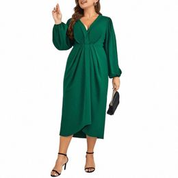 2023 Autumn Plus Size 4XL V-neck Maxi Evening Dr Lg Luxury Elegant Sexy Robe Clothes Party Night Dres Solid Vestidos 02YK#