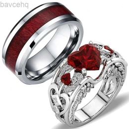 Wedding Rings Amvie Wedding Rings Couple Vintage Stainless Steel Men Ring Romantic Heart Zircon Ring Set Bridal Engagement Gift 24329