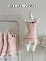 Casual Dresses 2024 Summer Fashion Elegant Dress Women's Trendy Sexy Beaded Suspender Sweet Lace Patchwork