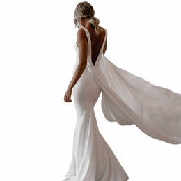 dream Deep V Neck Crepe Detachable Train Mermaid Wedding Dr 2024 Plain Sleevel Open Back Simple Bridal Gowns Elegant 46Q4#