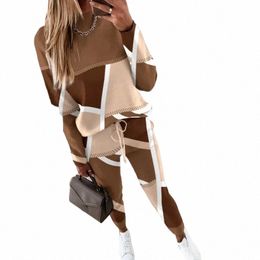 women's Sets Casual Geometric Print Lg Sleeve Two Piece Suit Sets Fi Elegant Office Lace-up Pencil Pant Sets Female C2jR#
