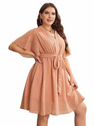plus Size Women's Dr Solid Colour Wave Short Sleeve Dres Elegant V Neck Waist Belt Office Lady Robe Summer Gown Clothing v2cF#