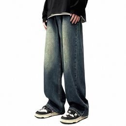 men Retro Wed Blue Jeans Retro Hip Hop Men's Jeans with Gradient Ctrast Colour Wide Leg Full Length Pockets Butt for A M2Jr#