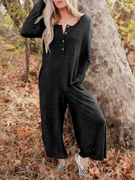 Women's Sleepwear Sweater Jumpsuit For Women Long Sleeve Waffle Knit Button Wide Leg Pants Romper Overalls Maternity Bodysuit With Pockets