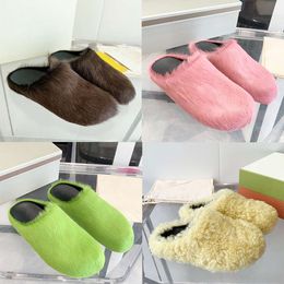 Designer Woman Fur Mules Horse Hair Slippers Calfskin Fussbett Sabot Slippers Men Flat Half Slipper Round Toe With Box 552