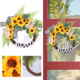 Decorative Flowers 17.7 Inch Sunflower Spring Wreath Aesthetic Plastic Door Hanging For Farmhouse Cottage