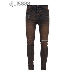 Men's designer pants OFFamira DENIM | Mid Waist Double Button Design for a Slim Red Brown Jeans Repair